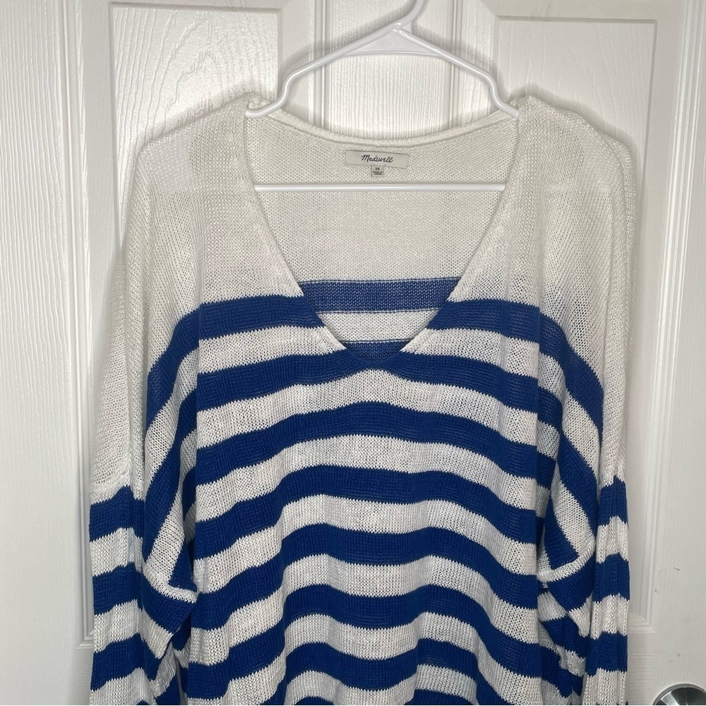 Madewell Linen V-Neck Sweater Beach Vacation Preppy in Sapphire Blue Stripe 2X - Picture 5 of 14